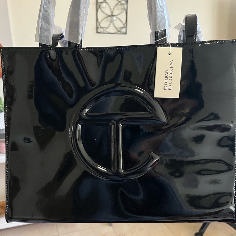 Brand new black patent leather Telfar bag still with tags